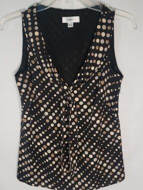 next Black and Cream Polka Dot Tie-Front V-Neck Blouse, Small